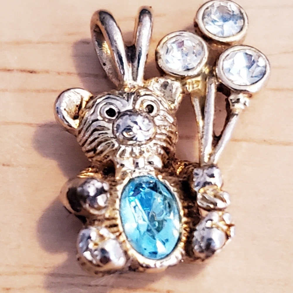 Vintage Goldtone and Silvertone Bear Pendant with Blue Gem